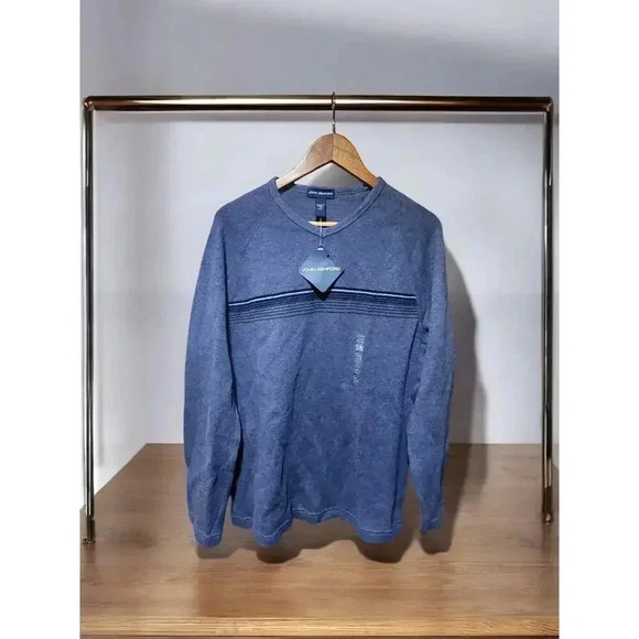John Ashford Striped Sweater V Neck Long Sleeve Mens Size Medium Blue Cotton - Picture 1 of 3